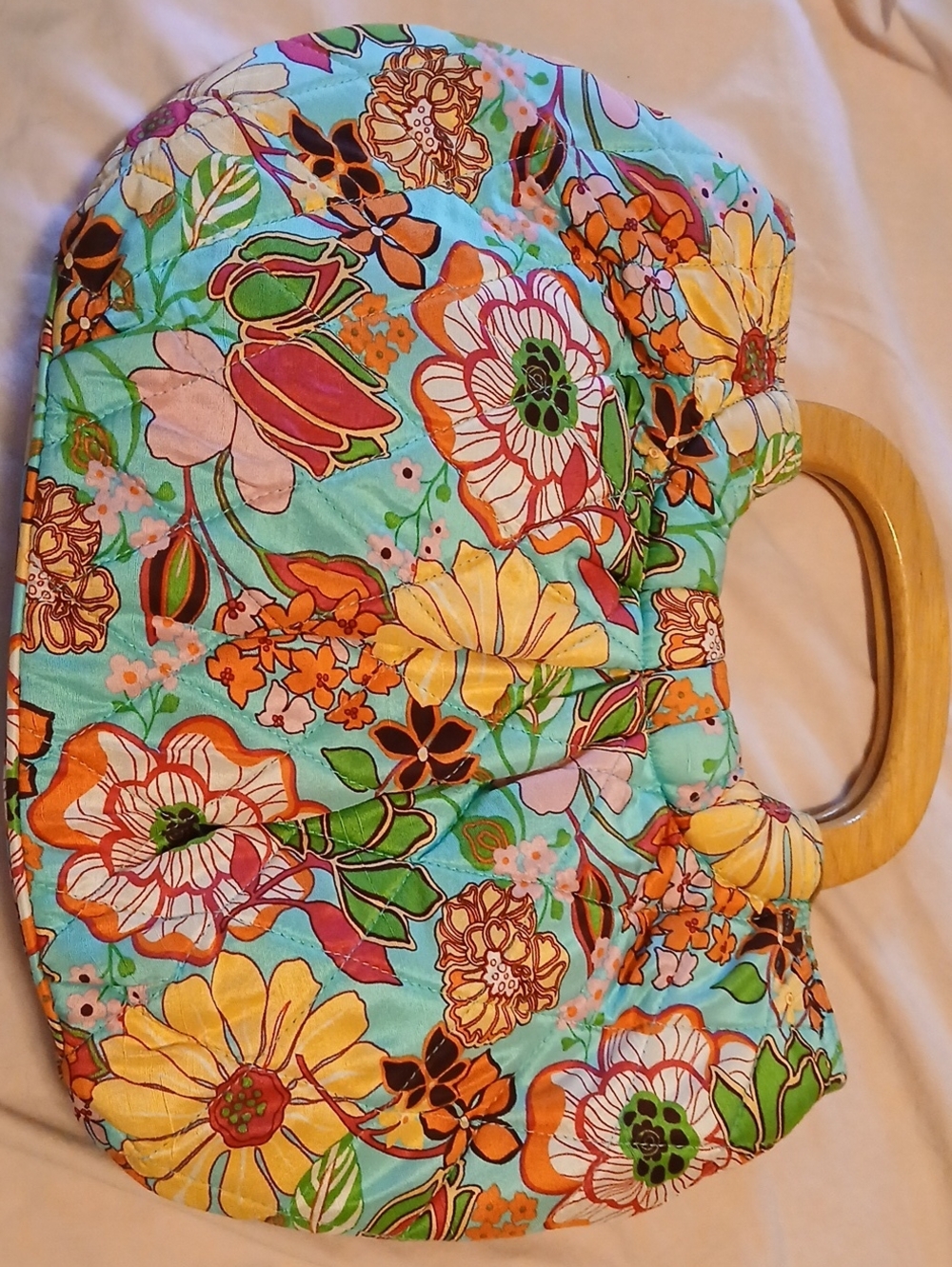 Vera Bradley Turquoise Floral Quilted Handbag with Wooden Handles